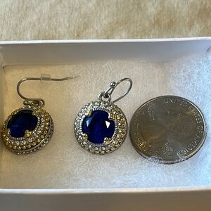 Deep-blue crystal and silver and yellow gold pierced earrings